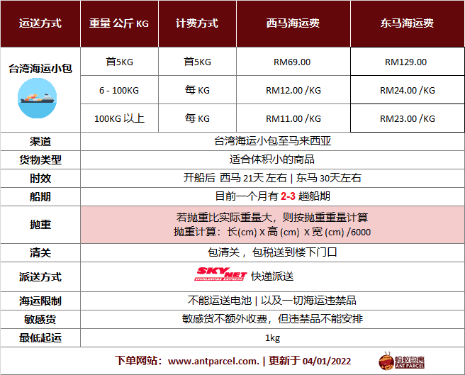 台湾虾皮可以寄来马来西亚吗？运费怎么算？